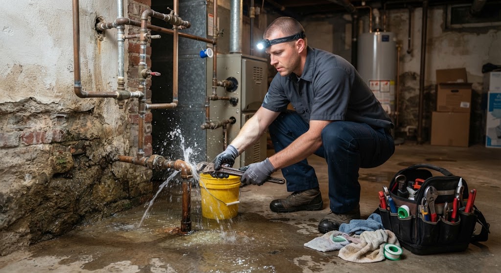 emergency leak repair Freehold Township NJ technician repairing active spraying burst pipe in basement