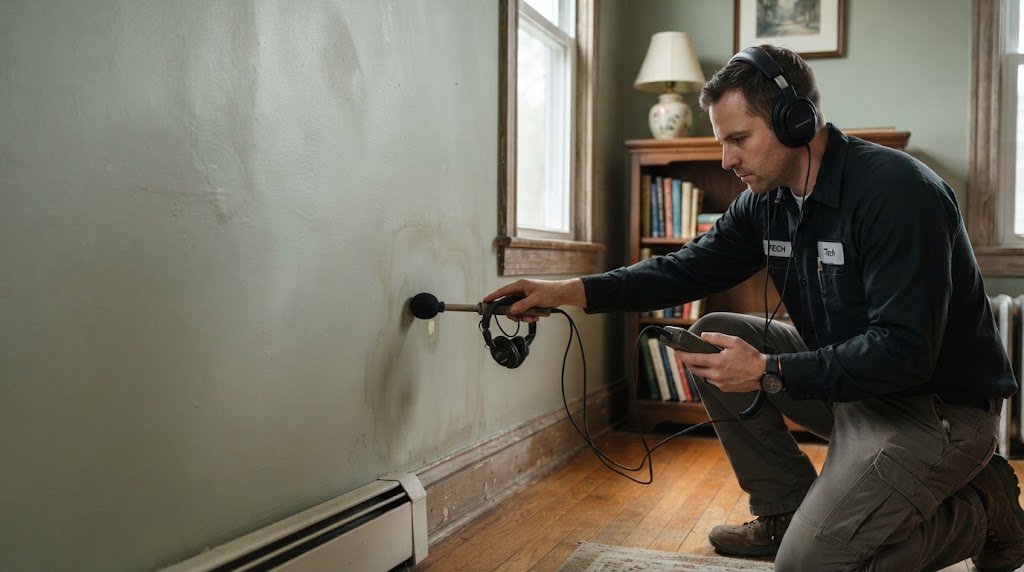 leak detection Freehold Township NJ technician using acoustic sensors to find water leak