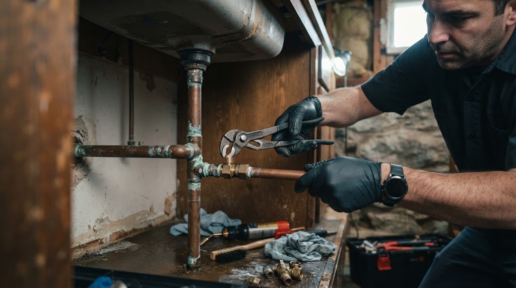 pipe leak repair Freehold Township NJ technician inspecting pinhole corrosion on copper pipe